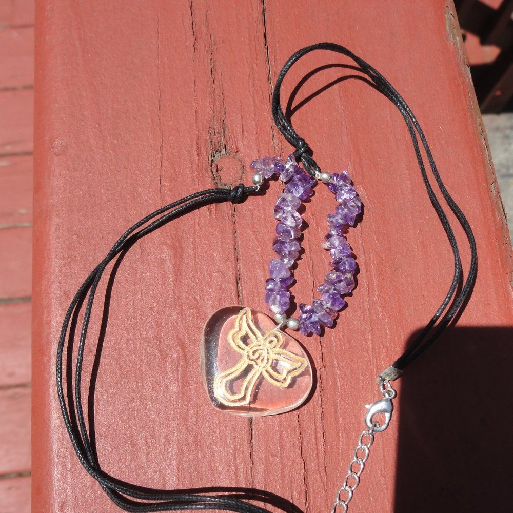Amethyst Chips with etched Angel on a clear crystal heart, 18" necklace~…